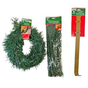 3pc Christmas Decor Set: 15" Matte Bronze Wreath Hanger, Pine Garland & Ties